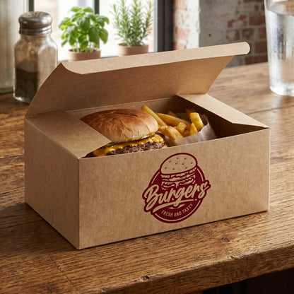 Custom Printed Burger Meal Boxes - Lock Bottom - Foldable - Kraft